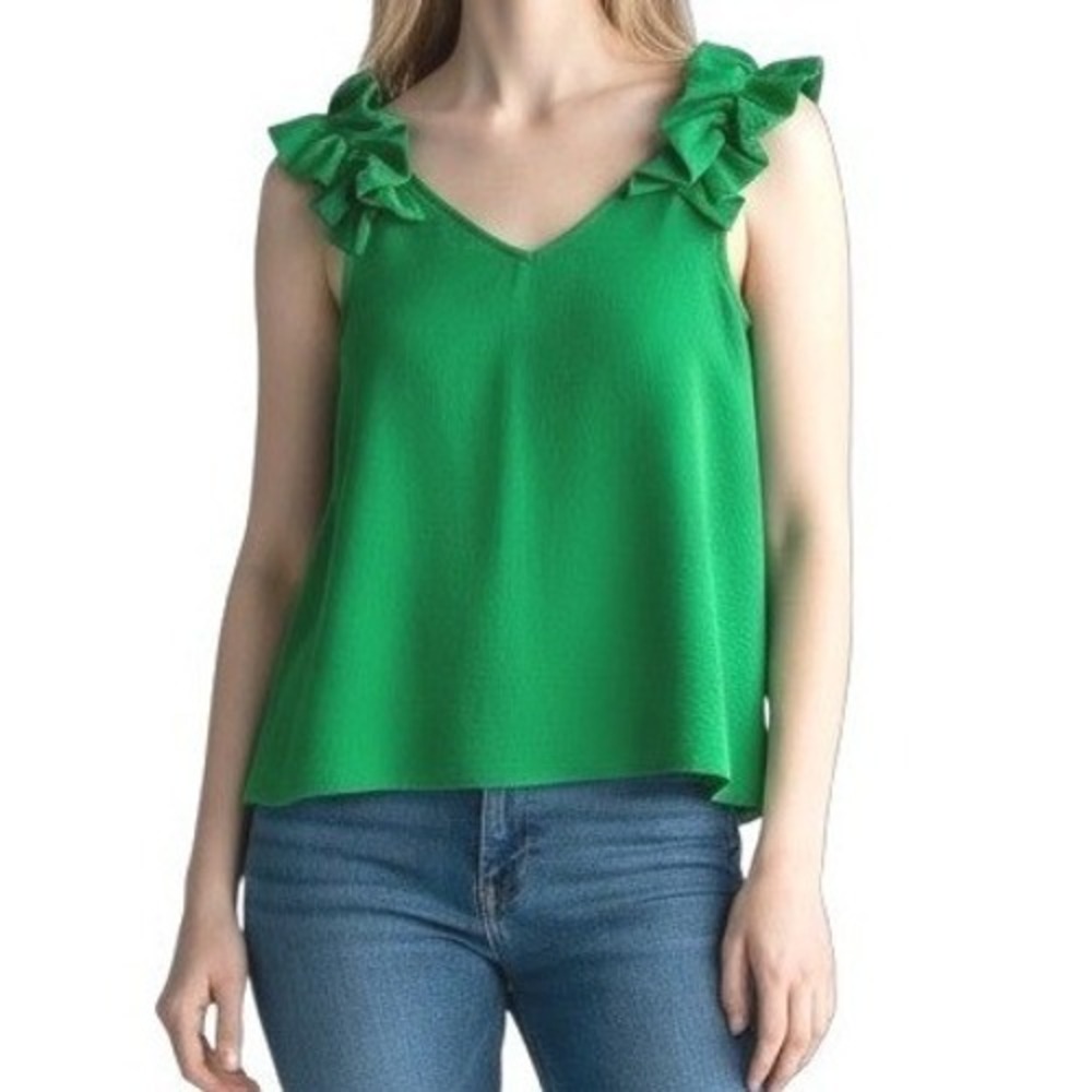 entro Green Ruffle Shoulder V-Neck Tank Top